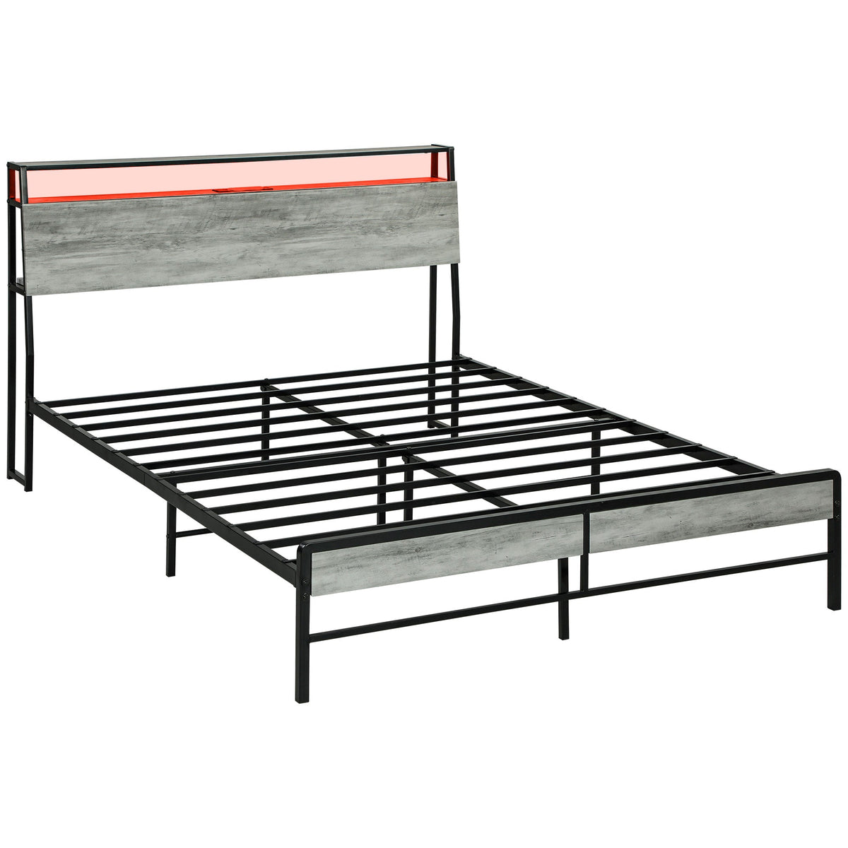 HOMCOM LED King Bed Frame with Charging Station, 150 x 200cm, Cement Grey