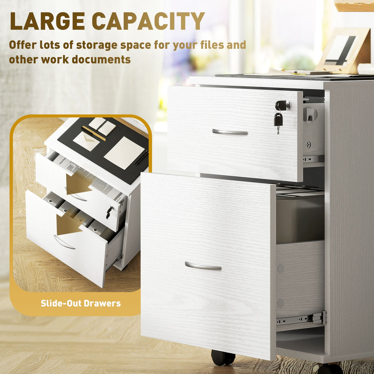 HOMCOM Pedestal Office Mobile Filing Cabinet 2 Drawer White