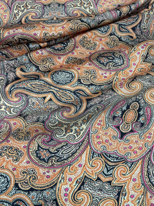 Black and Orange Paisley Fabric – Available in Satin, Crepe, Spandex & Chiffon | By Metre