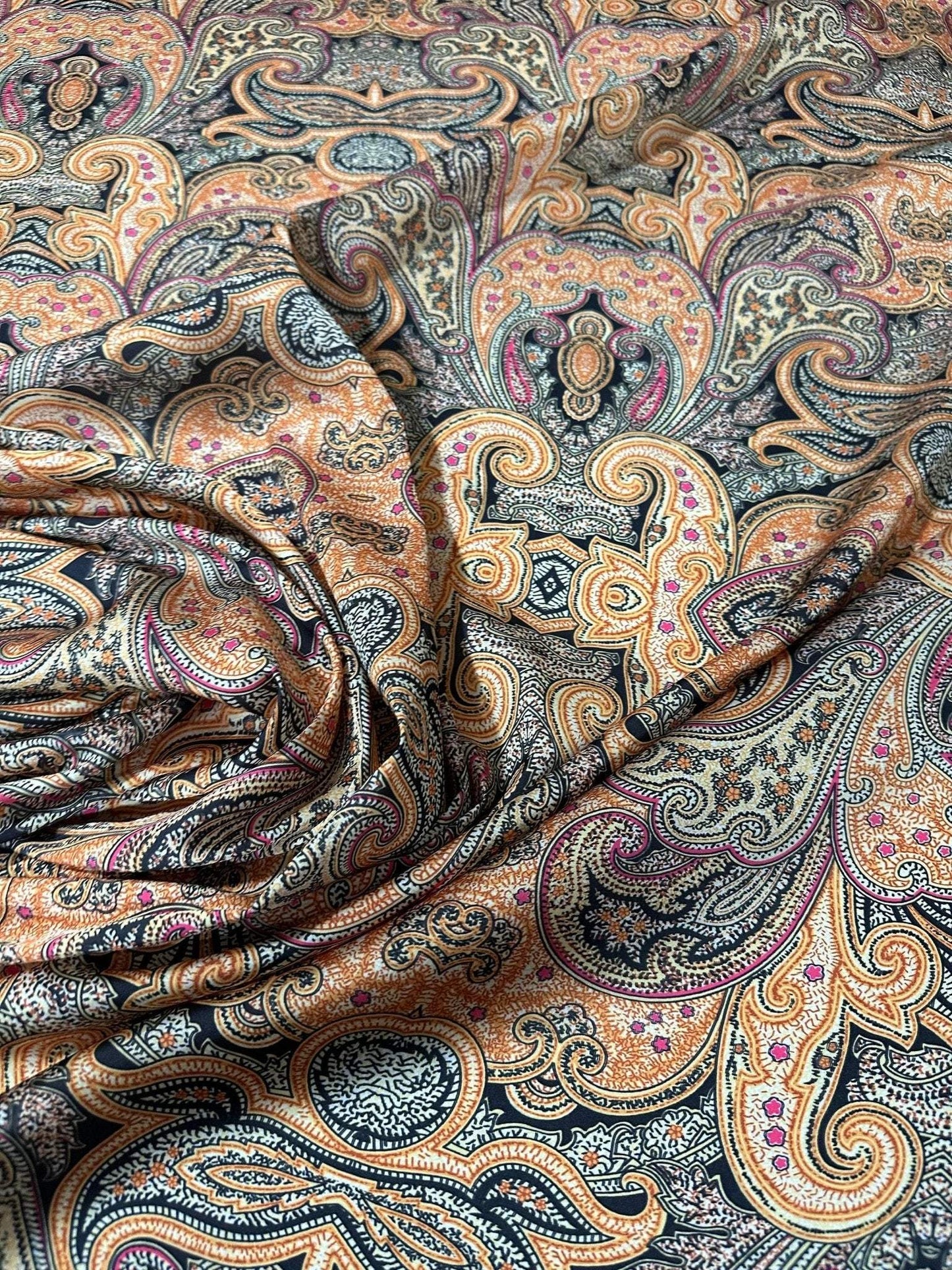 Black and Orange Paisley Fabric – Available in Satin, Crepe, Spandex & Chiffon | By Metre