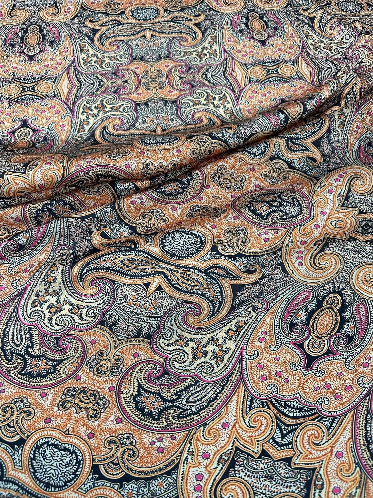 Black and Orange Paisley Fabric By Metre