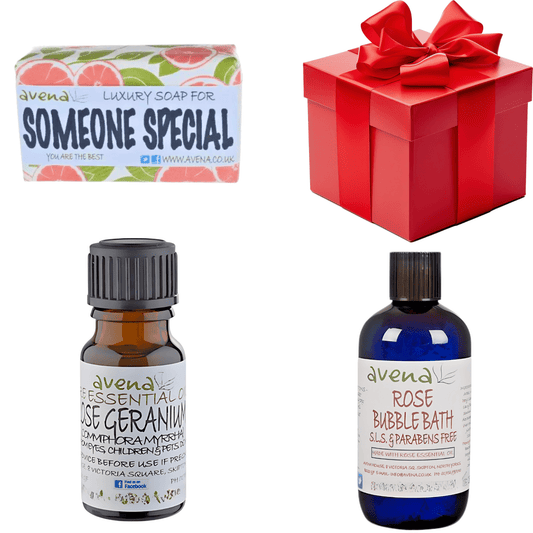 Pamper Me Gift Box – Rose Bubble Bath, Geranium Essential Oil & Soap Gift