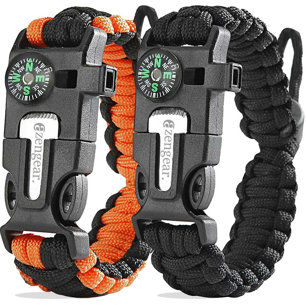 Paracord Survival Bracelet (2 Pack) | Flint & Steel Fire Starter, Whistle, Compass