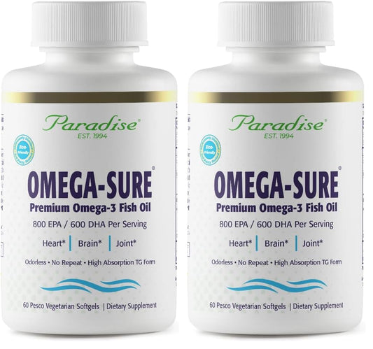 Paradise Herbs Omega-Sure Omega-3 Concentrate | Vegan Fish Oil, DHA & EPA, Gluten Free, 60 Softgels (Pack of 2)