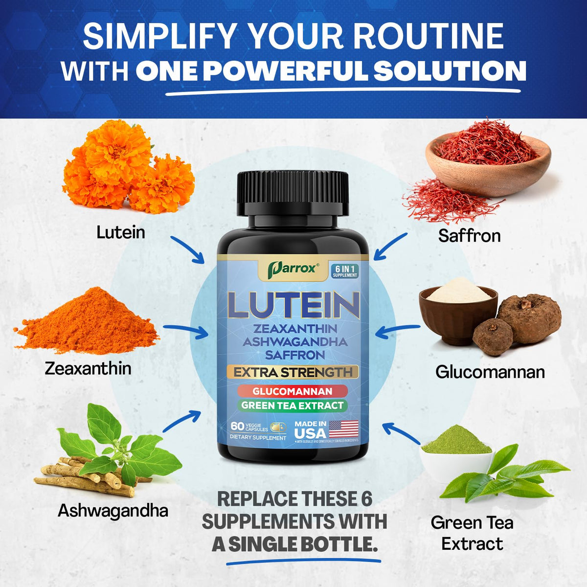Parrox 6-in-1 Lutein & Zeaxanthin Eye Health Supplement – 2 Pack (60-Day) – Plant-Based Formula