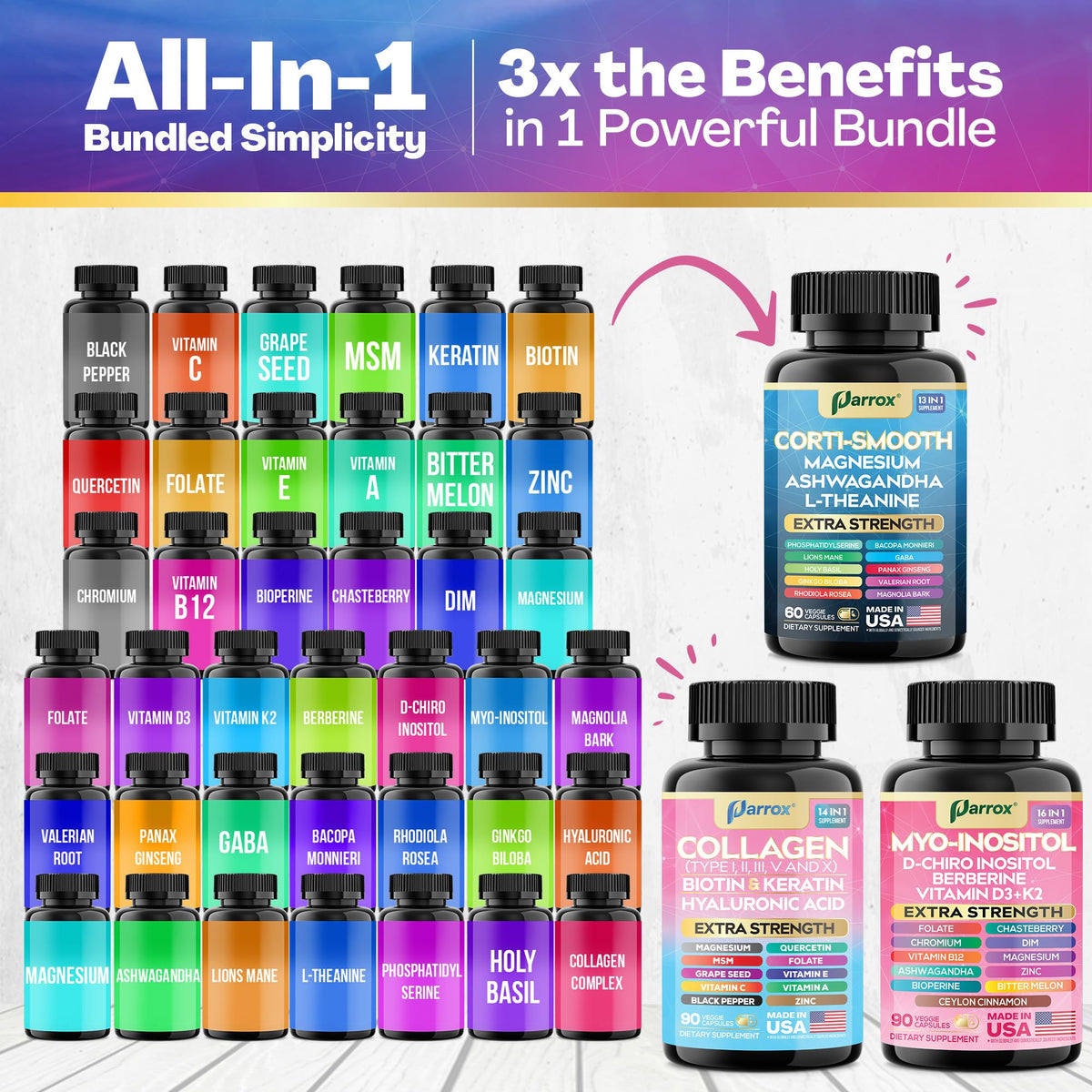 Parrox She Shines Set – Collagen Peptides, Cortisol Support & Inositol Bundle