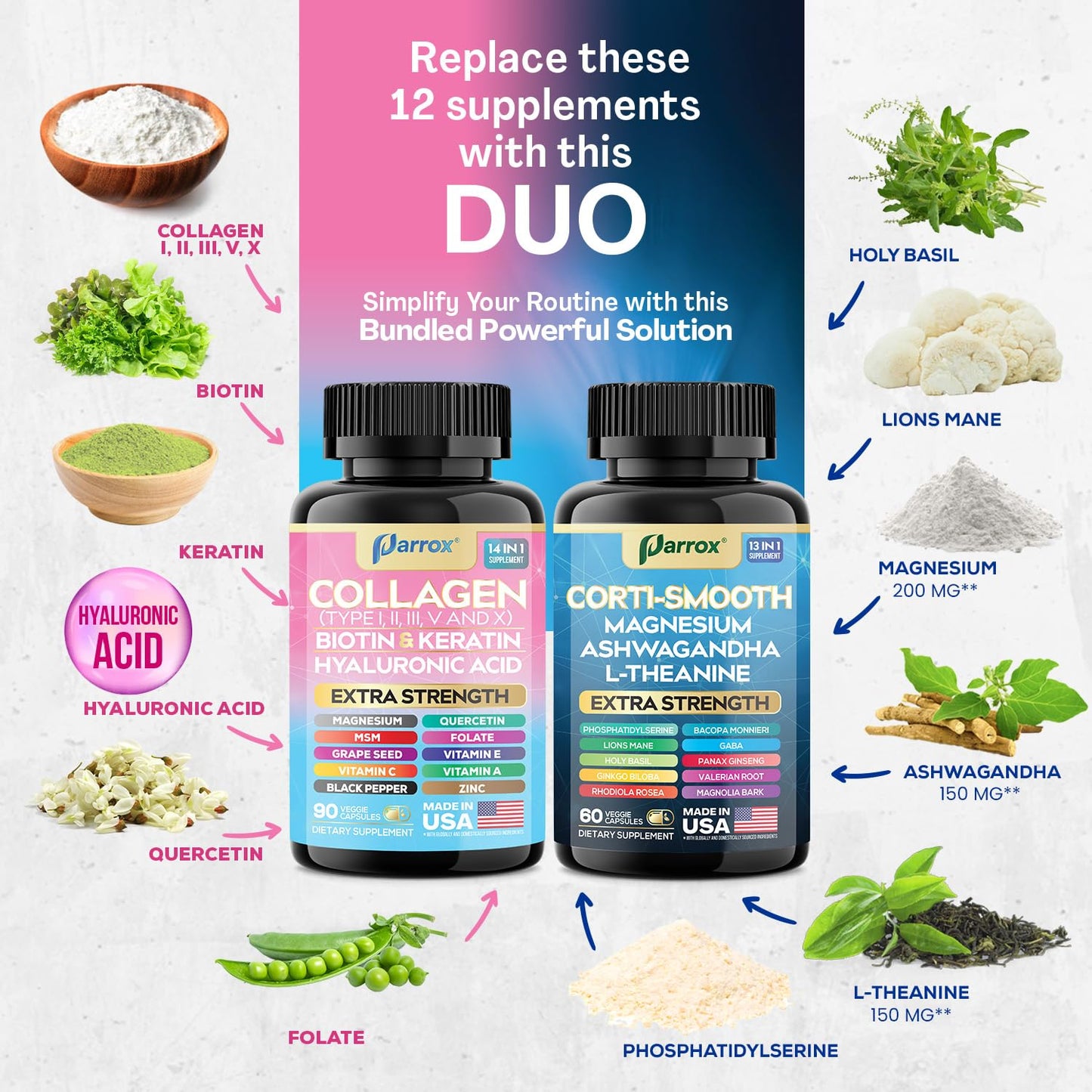 Parrox Shining Serenity Set – Cortisol Support & Collagen Duo with Ashwagandha, L-Theanine, Magnesium, and More