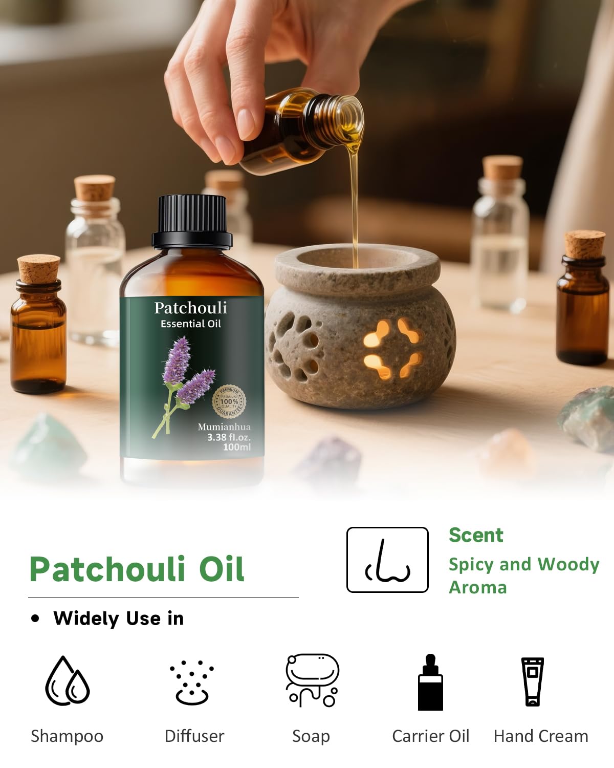 Pure Patchouli Essential Oil – Outdoor Shield & Natural Protective Blends (3.38 Fl Oz)