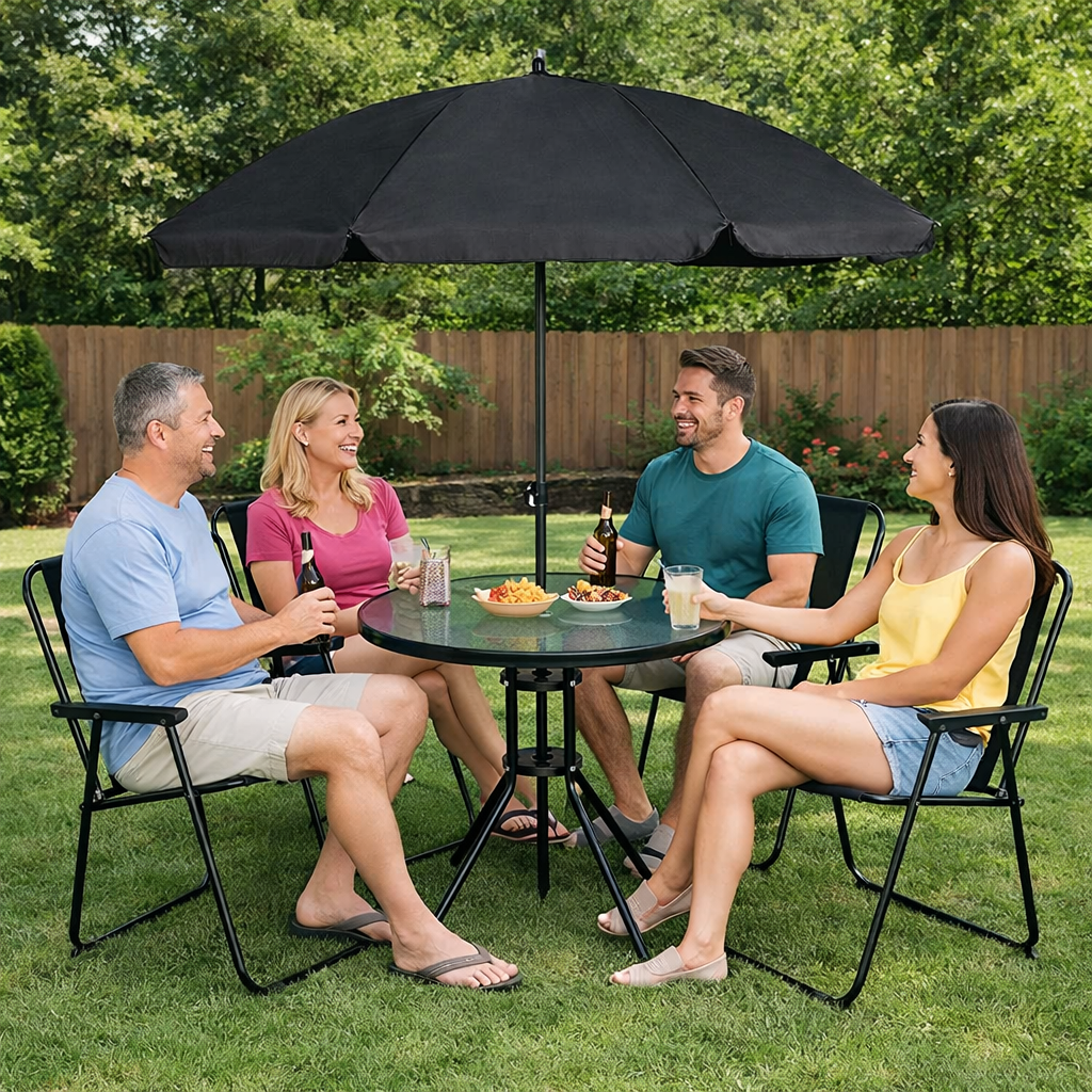 6pc Black Garden Furniture Set Table 4 Chairs and Parasol