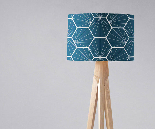 Peacock Blue Drum Lampshade, White Hexagon Design Shade for Table, Floor or Ceiling Pendant Light