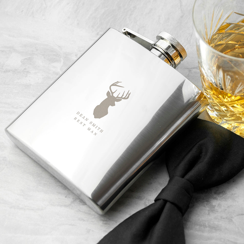 Personalised Stag 6oz Stainless Steel Hip Flask