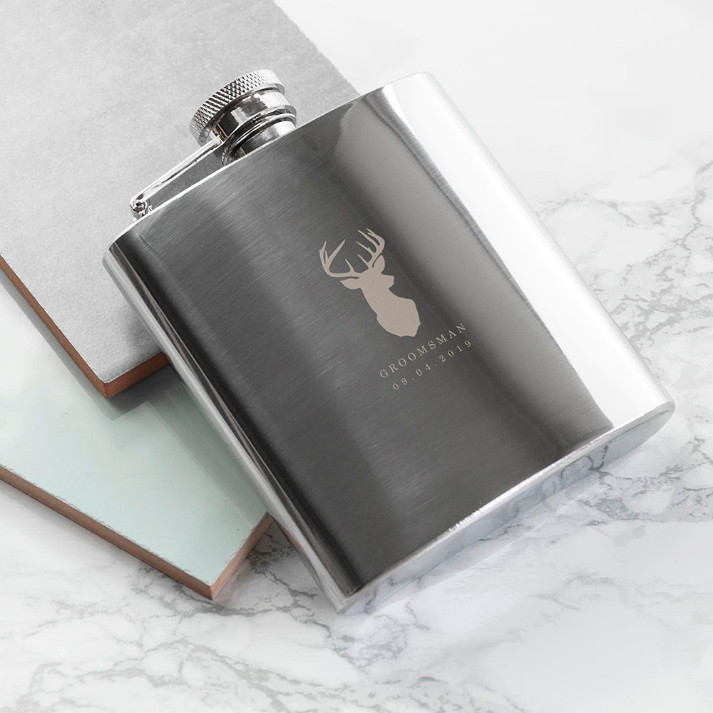 Personalised Stag 6oz Stainless Steel Hip Flask