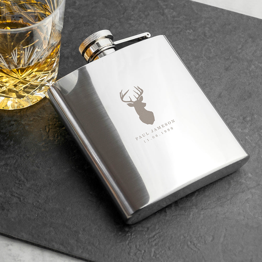 Personalised Stag 6oz Stainless Steel Hip Flask