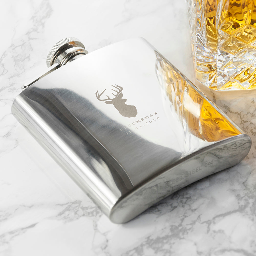 Personalised Stag 6oz Stainless Steel Hip Flask