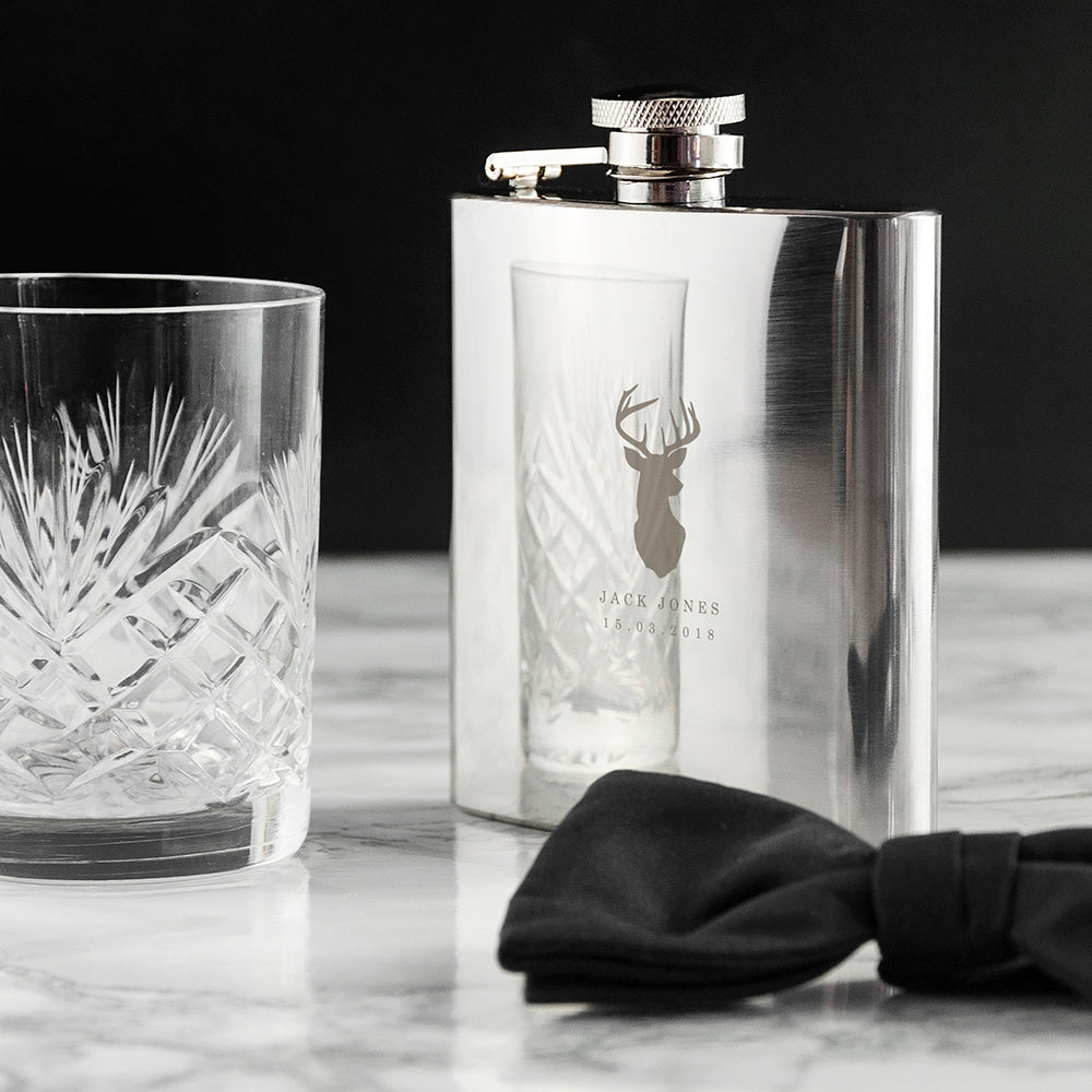 Personalised Stag 6oz Stainless Steel Hip Flask