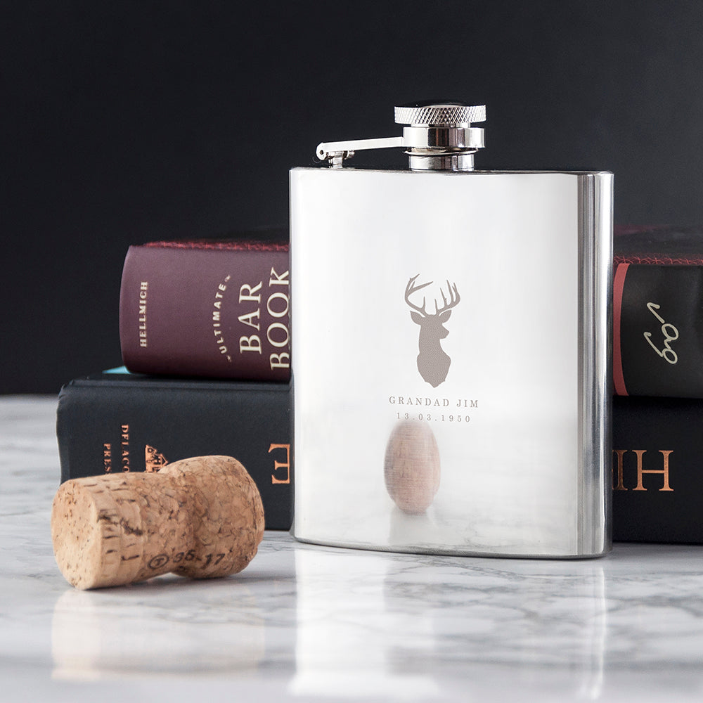 Personalised Stag 6oz Stainless Steel Hip Flask
