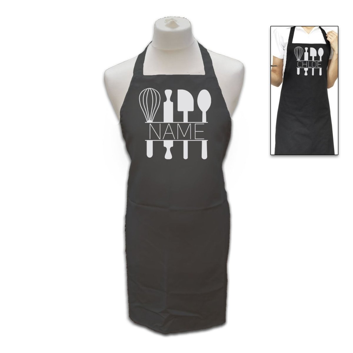 Personalised Black Apron with Name and Baking Utensils
