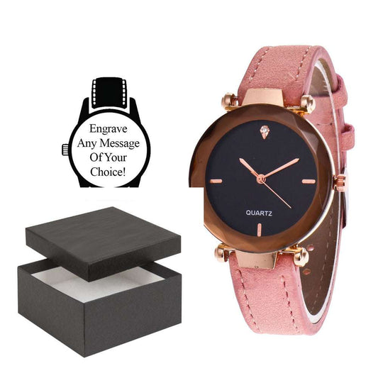 Personalised Engraved Watch Pink Leather Strap with Black Face Gold Rim Quartz Watch