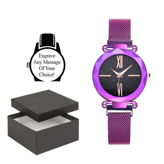 Personalised Engraved Watch Star Sky Rhinestone Dial Purple Mesh Strap With Black Face