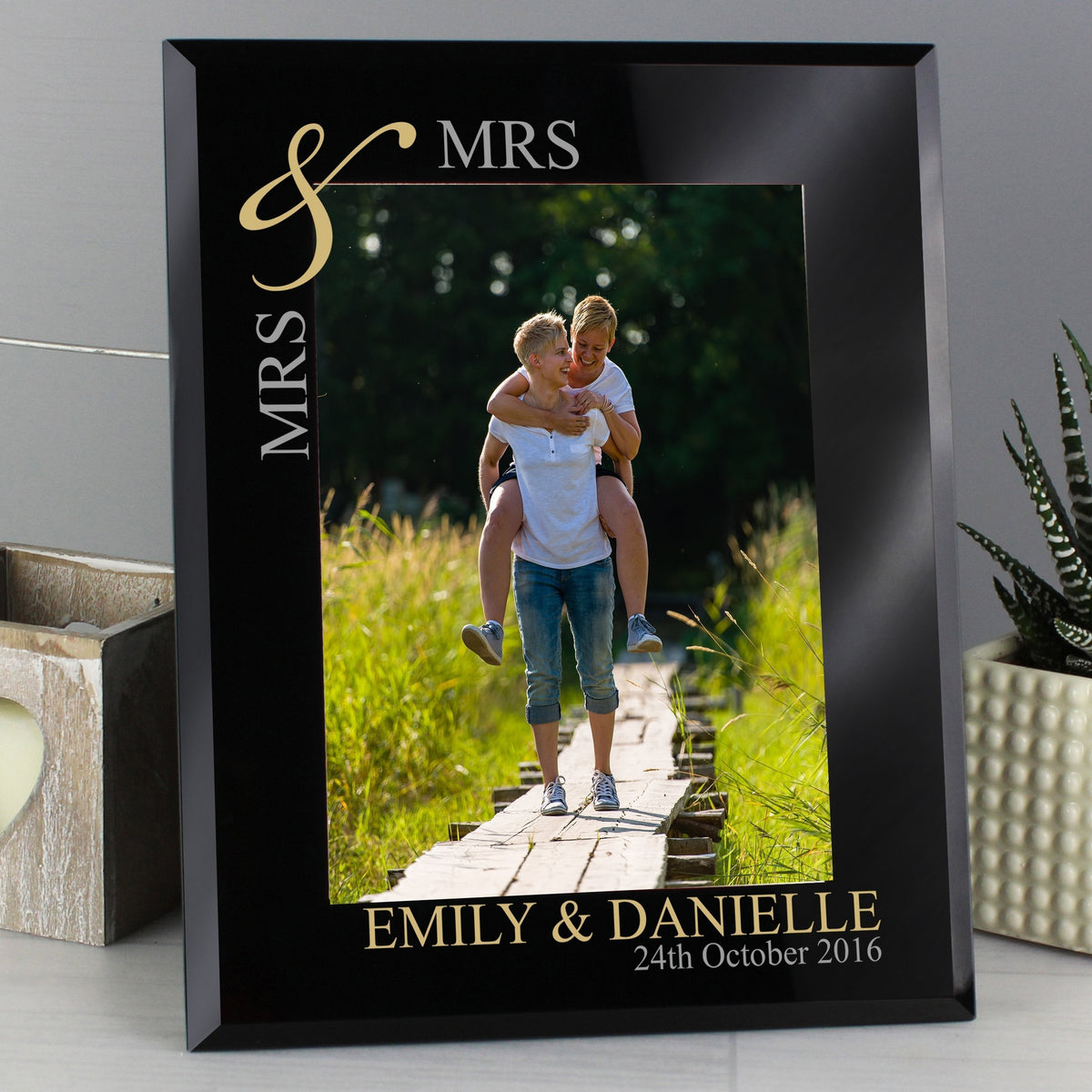 Personalised Gold Couples 5x7 Inch Black Glass Photo Frame