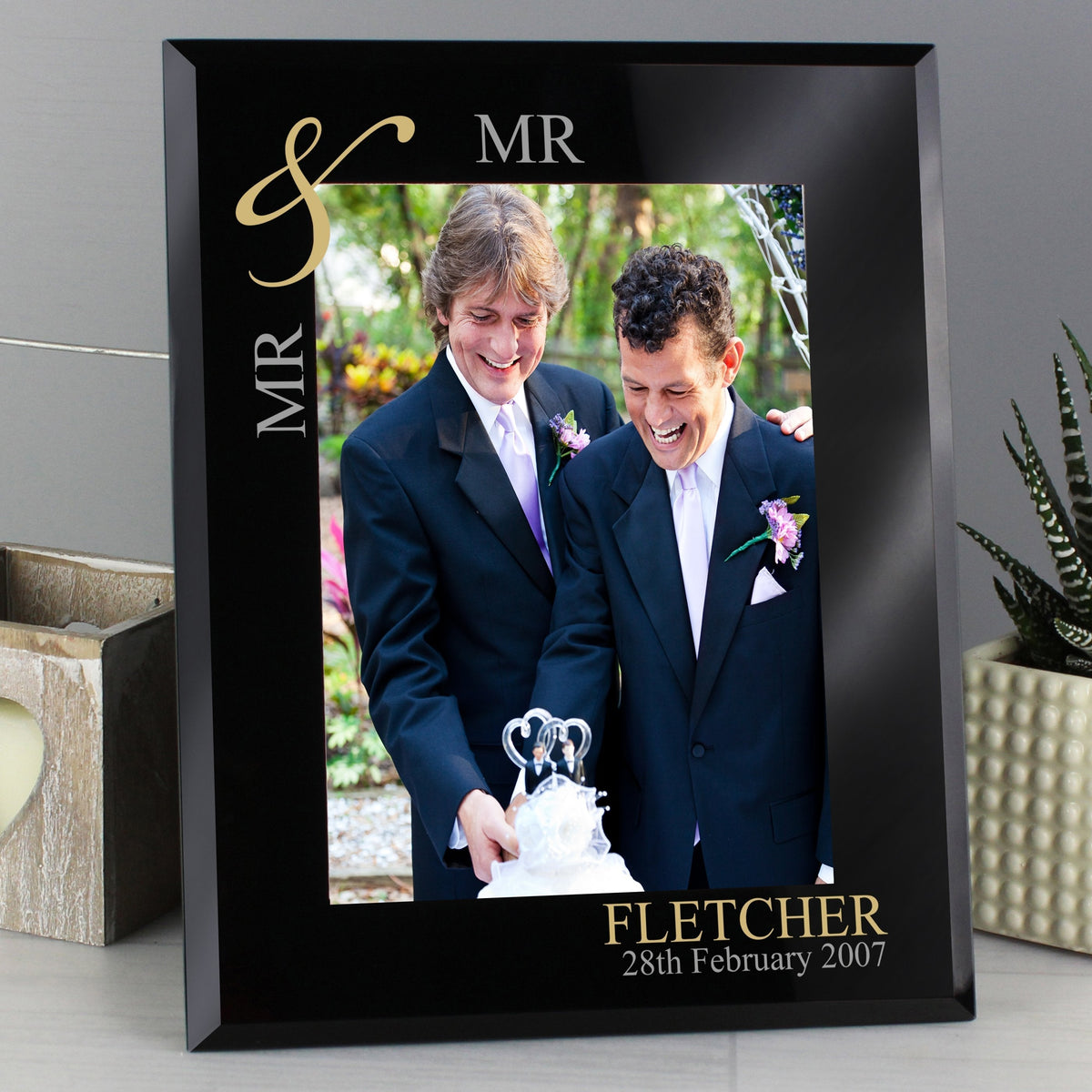Personalised Gold Couples 5x7 Inch Black Glass Photo Frame