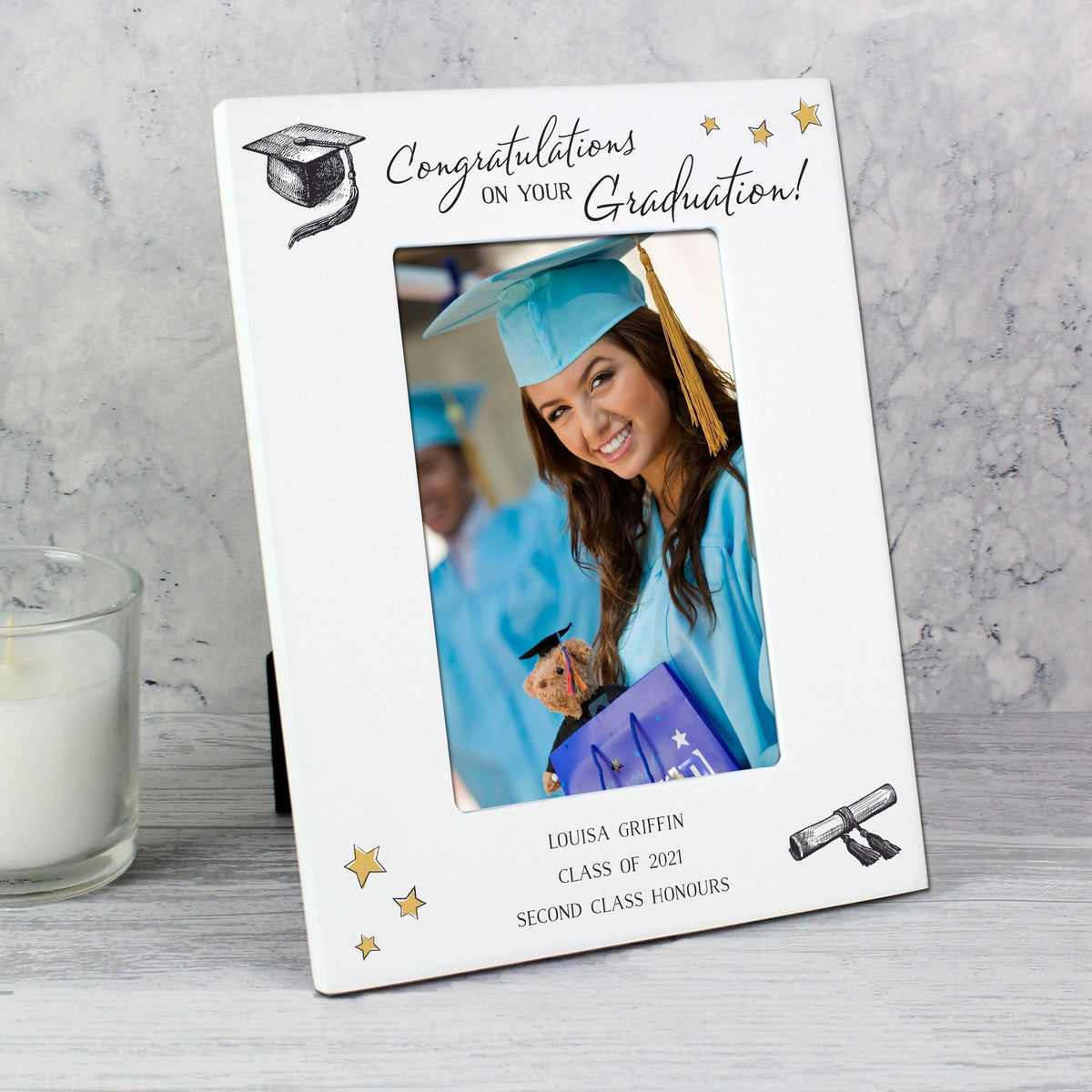 Personalised Gold Star Graduation 4x6 Inch White Wooden Photo Frame