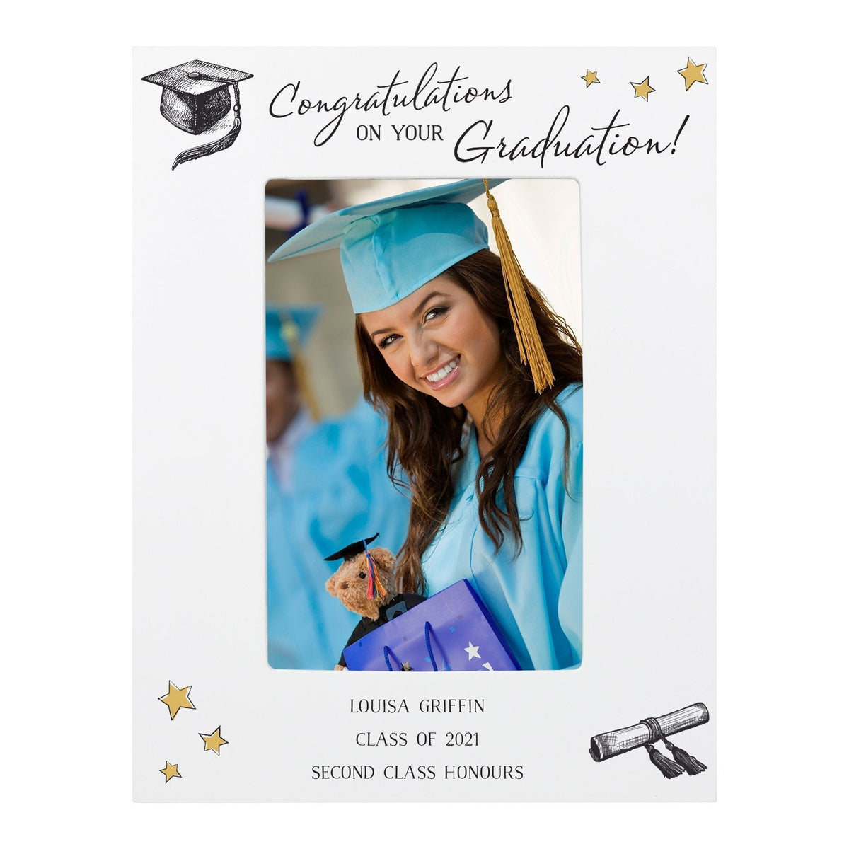 Personalised Gold Star Graduation 4x6 Inch White Wooden Photo Frame