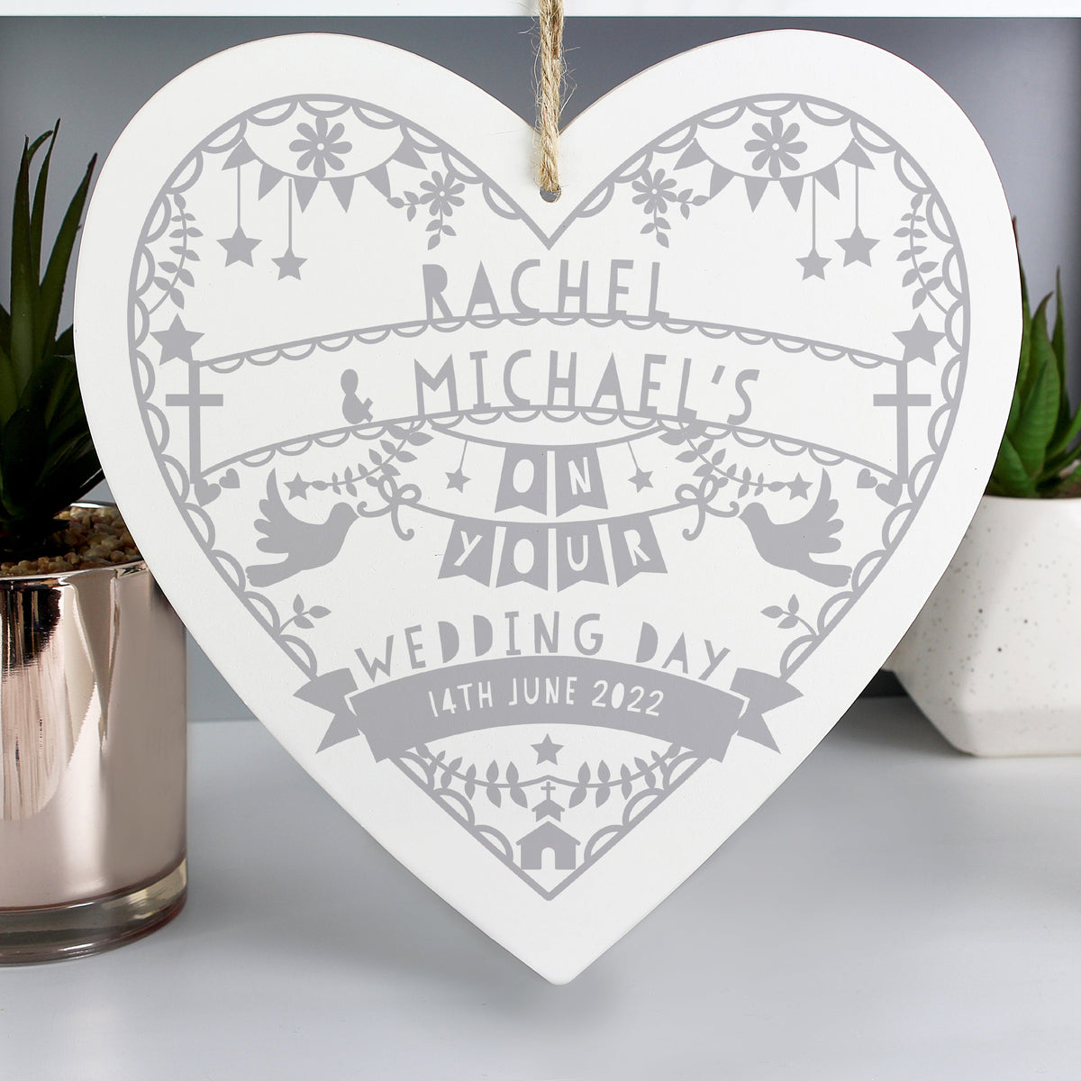 Personalised Grey Papercut Style Large Wooden Heart