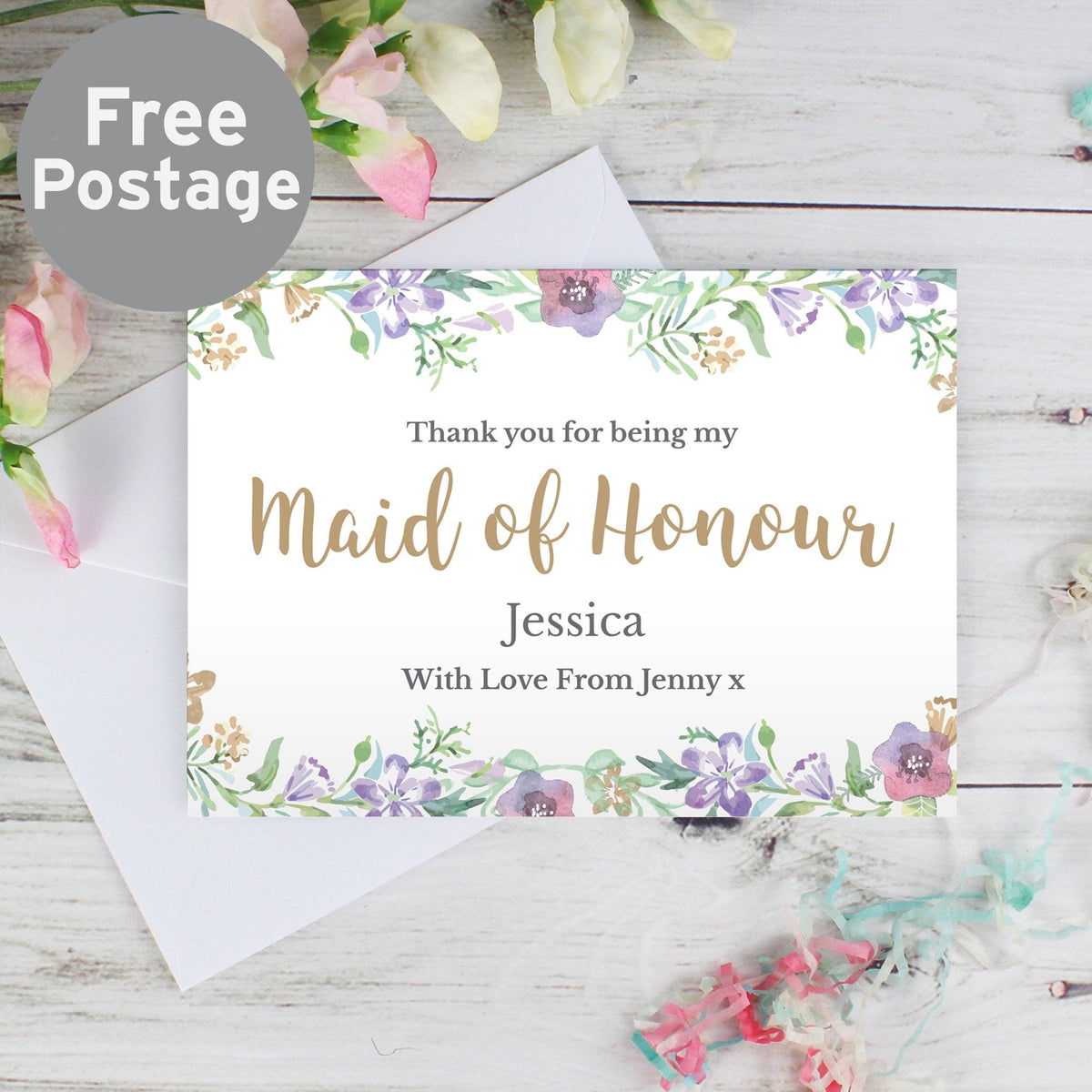 Personalised Maid Of Honour 'Floral Watercolour Wedding' Card