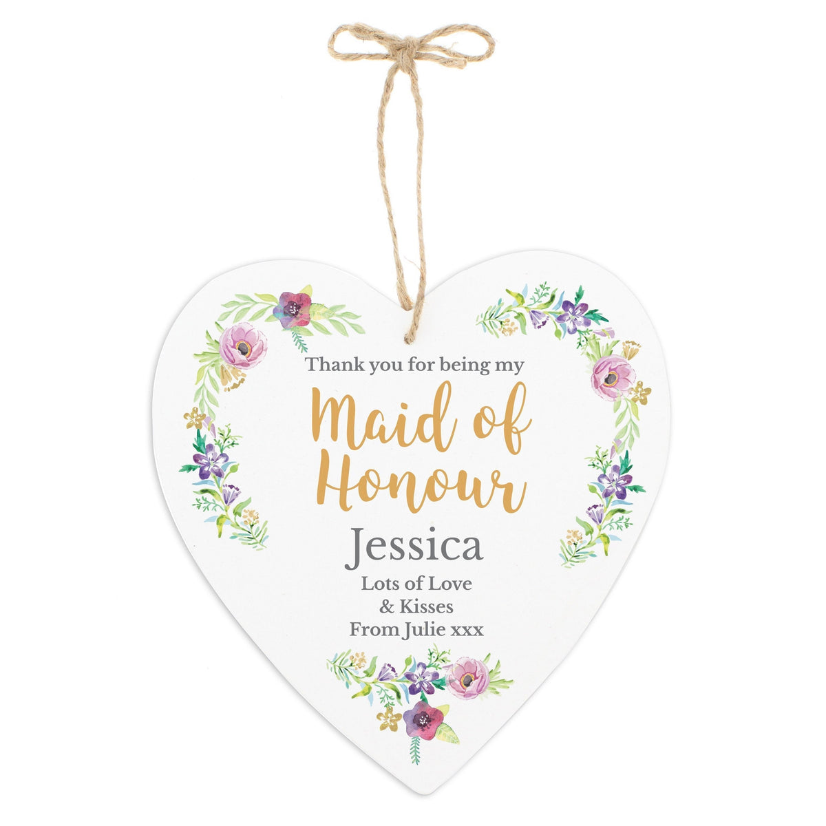 Personalised Maid Of Honour 'Floral Watercolour Wedding' Large Wooden Heart Decoration