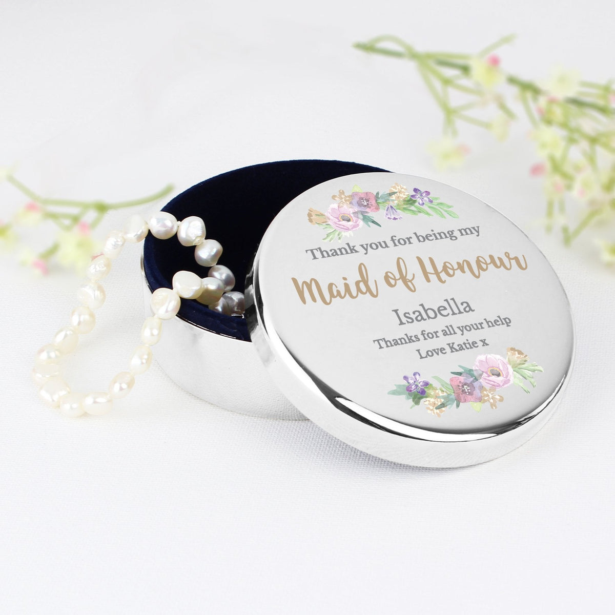 Personalised Maid Of Honour 'Floral Watercolour Wedding' Round Trinket Box