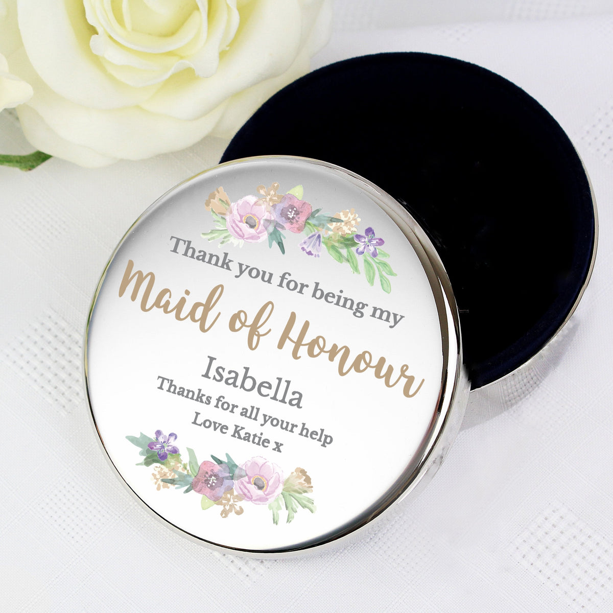 Personalised Maid Of Honour 'Floral Watercolour Wedding' Round Trinket Box