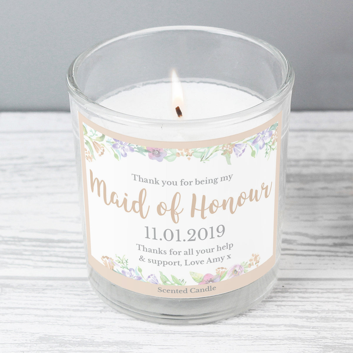 Personalised Maid Of Honour 'Floral Watercolour Wedding' Scented Jar Candle