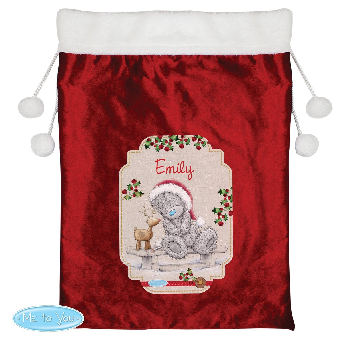 Personalised Me To You Reindeer Luxury Pom Pom Red Children's Christmas Sack