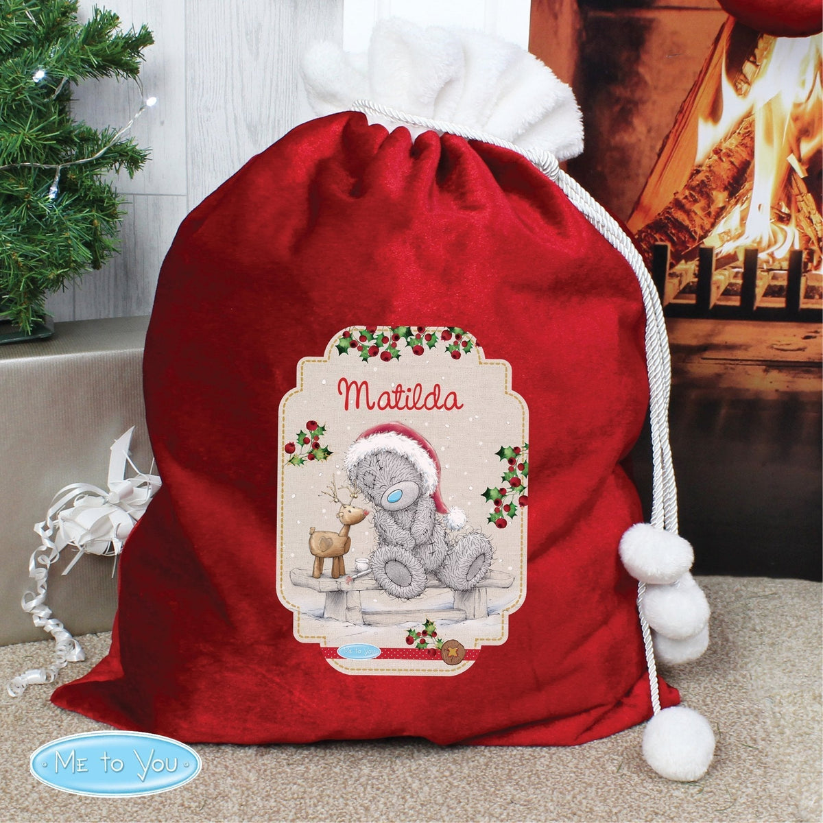 Personalised Me To You Reindeer Luxury Pom Pom Red Children's Christmas Sack
