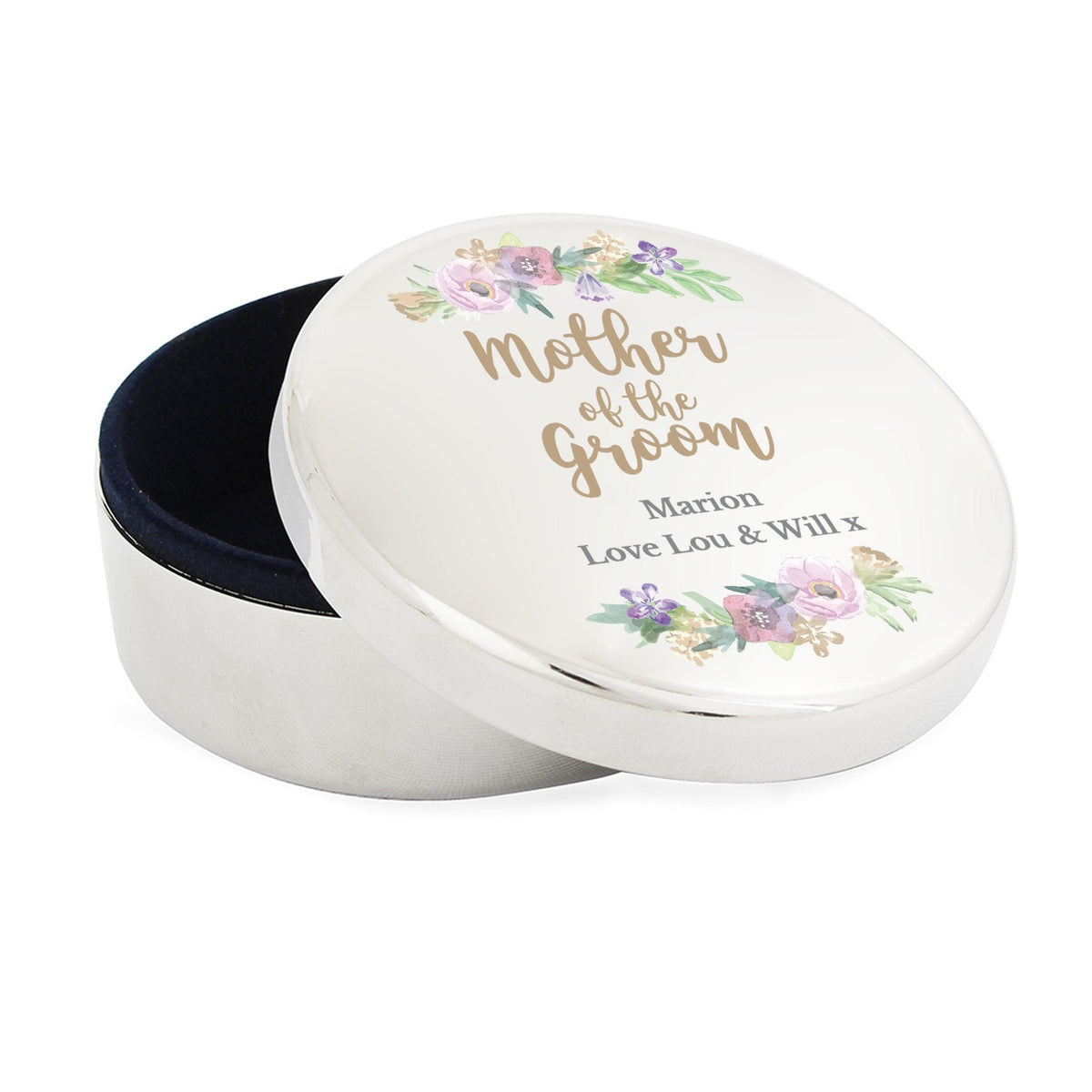 Personalised Mother Of The Groom 'Floral Watercolour Wedding' Round Trinket Box