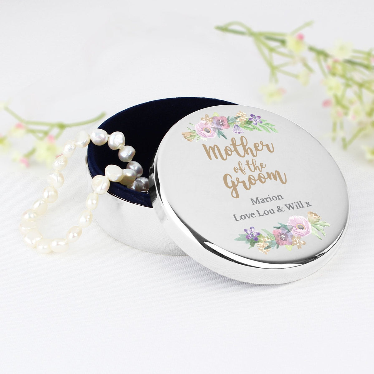 Personalised Mother Of The Groom 'Floral Watercolour Wedding' Round Trinket Box