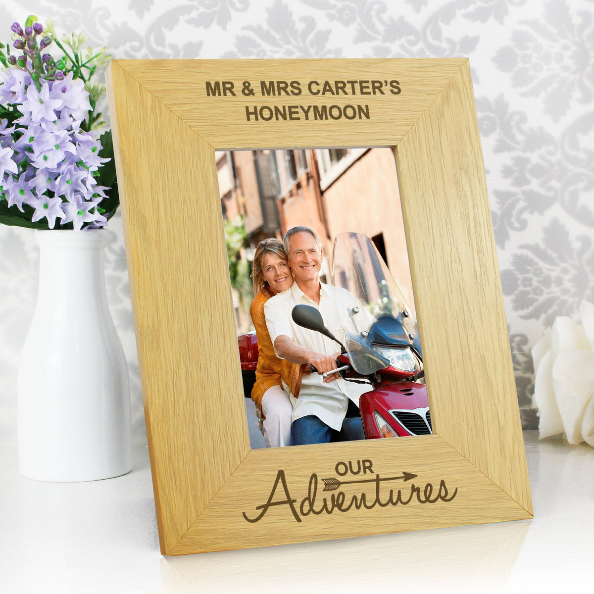 Personalised Our Adventures 4x6 Inch Oak Finish Photo Frame