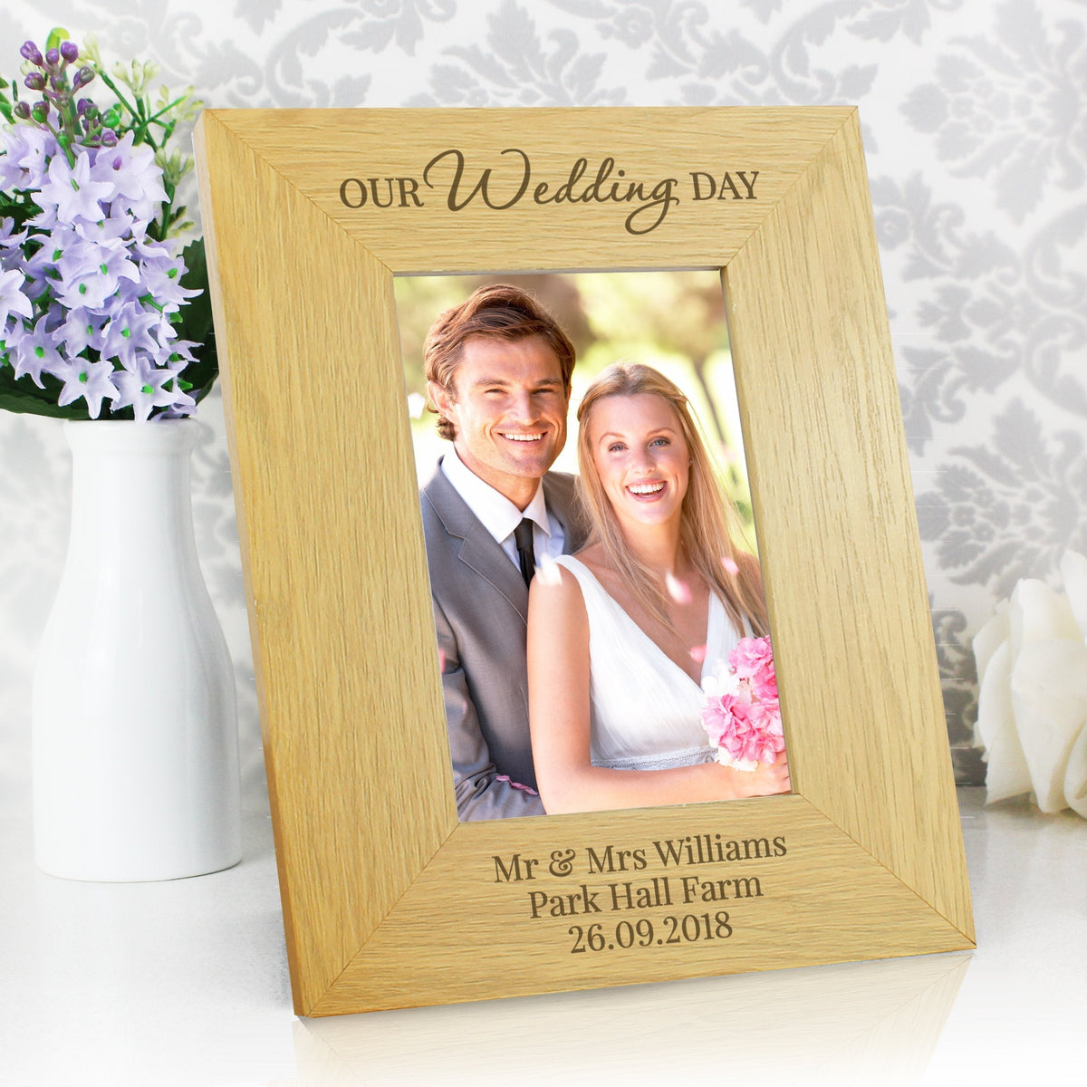 Personalised Our Wedding Day 4x6 Inch Oak Finish Photo Frame