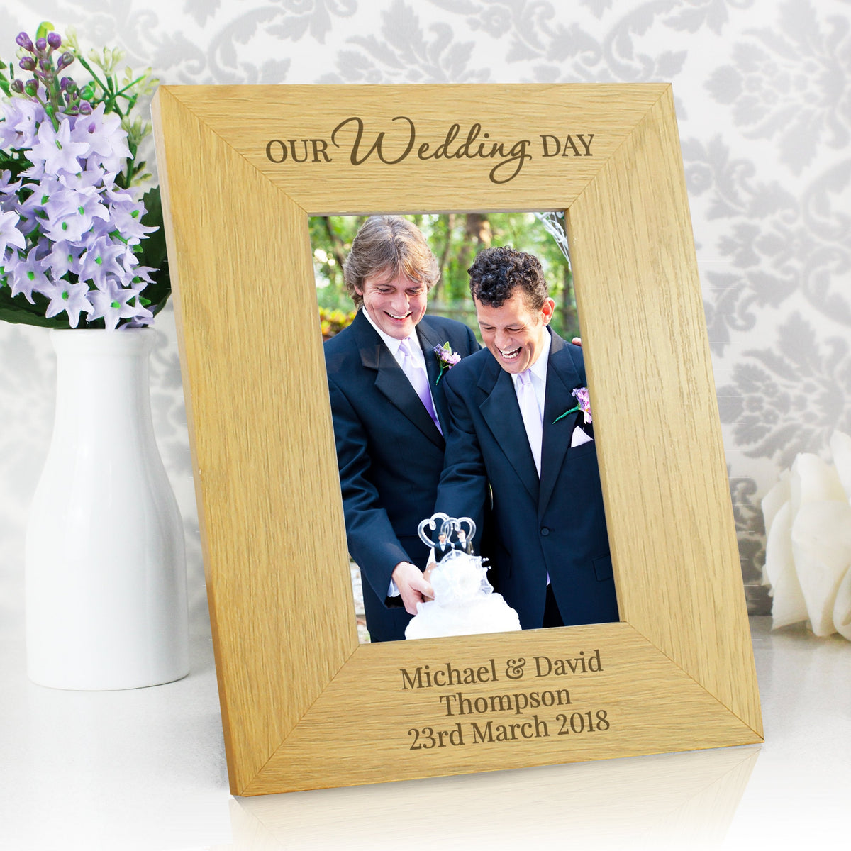 Personalised Our Wedding Day 4x6 Inch Oak Finish Photo Frame