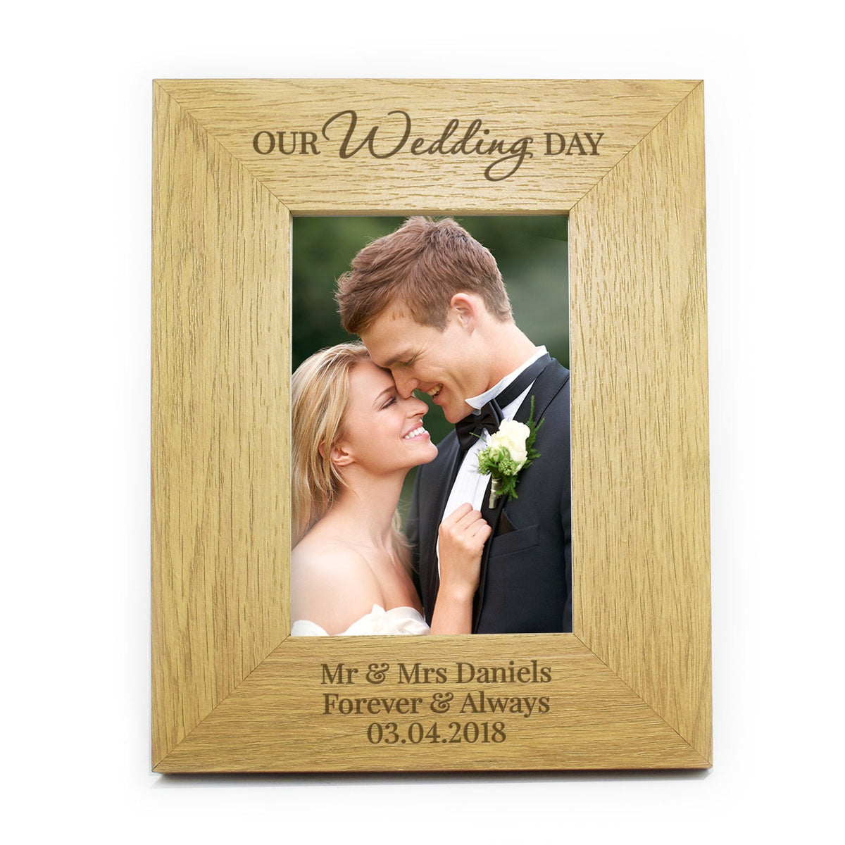 Personalised Our Wedding Day 4x6 Inch Oak Finish Photo Frame