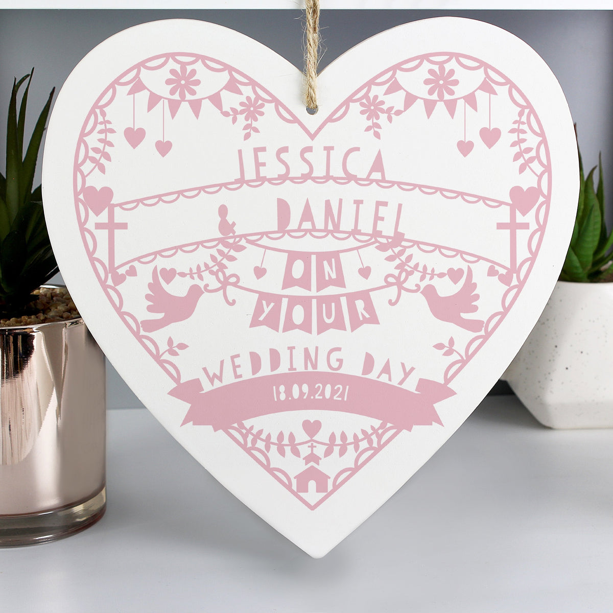 Personalised Pink Papercut Style Large Wooden Heart