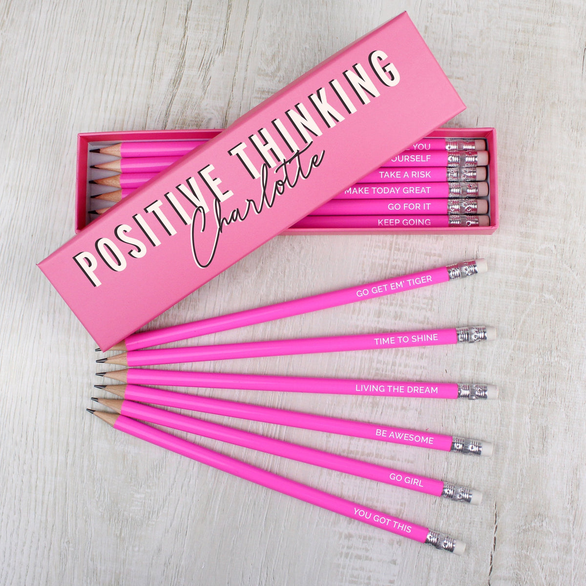 Personalised Positive Thinking Box And 12 Pink Hb Pencils