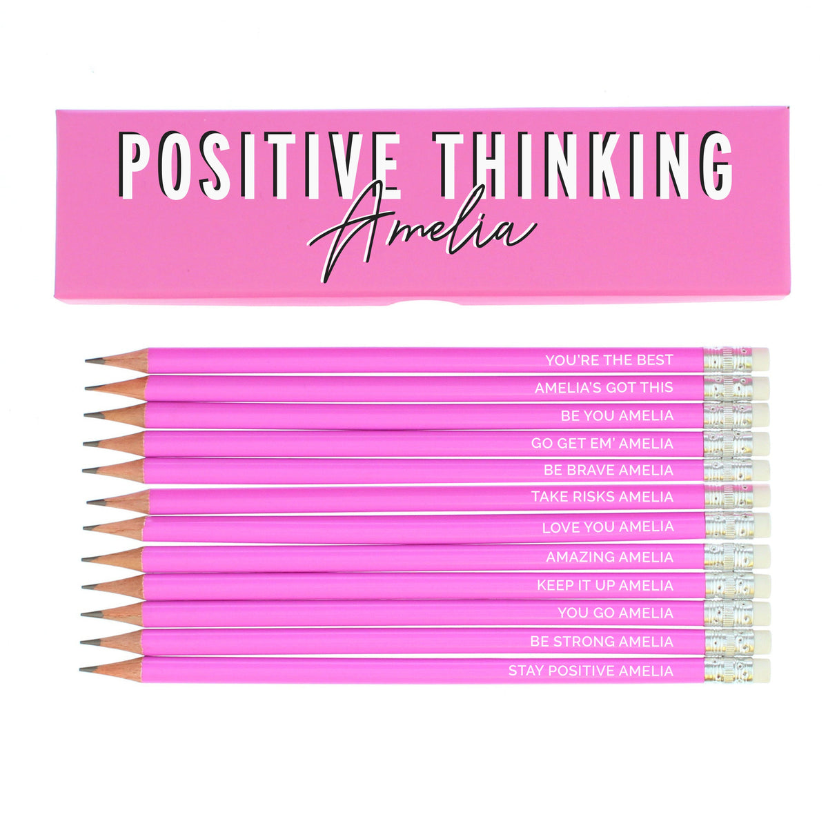 Personalised Positive Thinking Box And 12 Pink Hb Pencils
