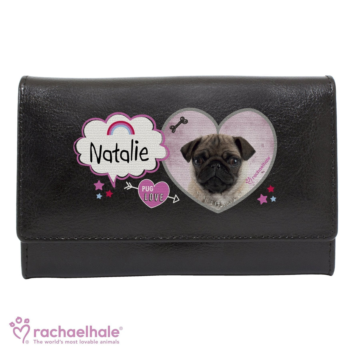 Personalised Rachael Hale Doodle Pug Black Purse