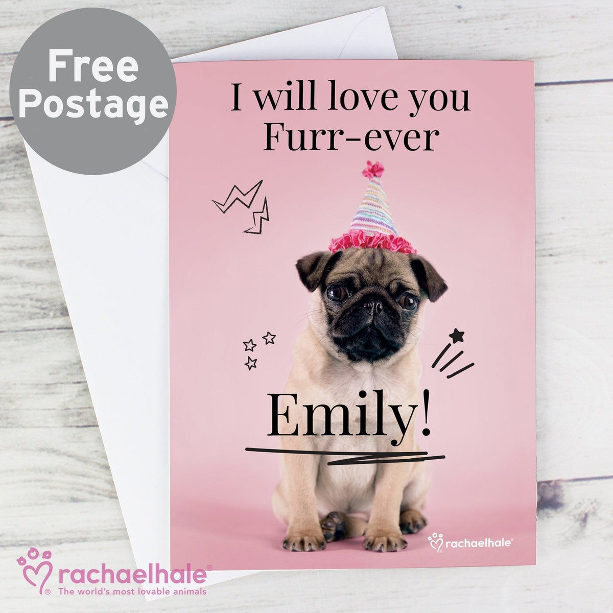 Personalised Rachael Hale Doodle Pug Card