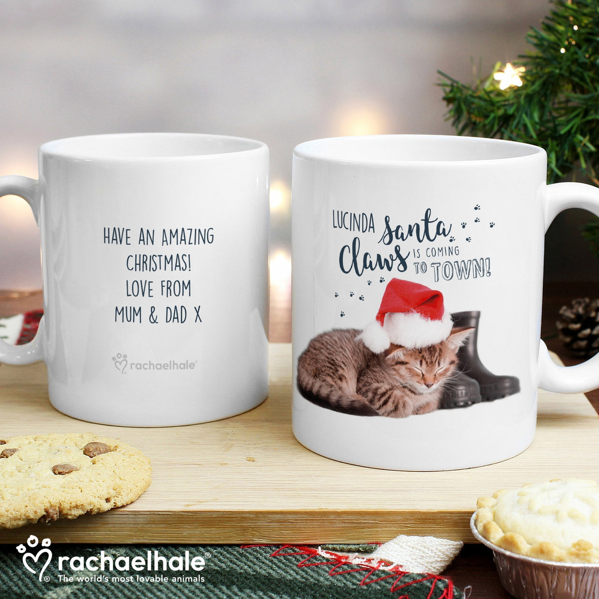 Personalised Rachael Hale Santa Claws Christmas Cat Mug