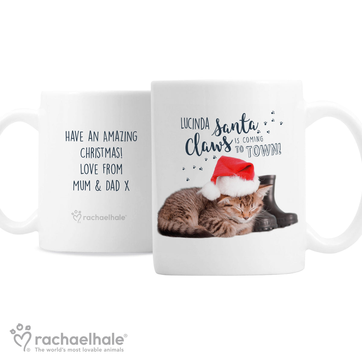 Personalised Rachael Hale Santa Claws Christmas Cat Mug