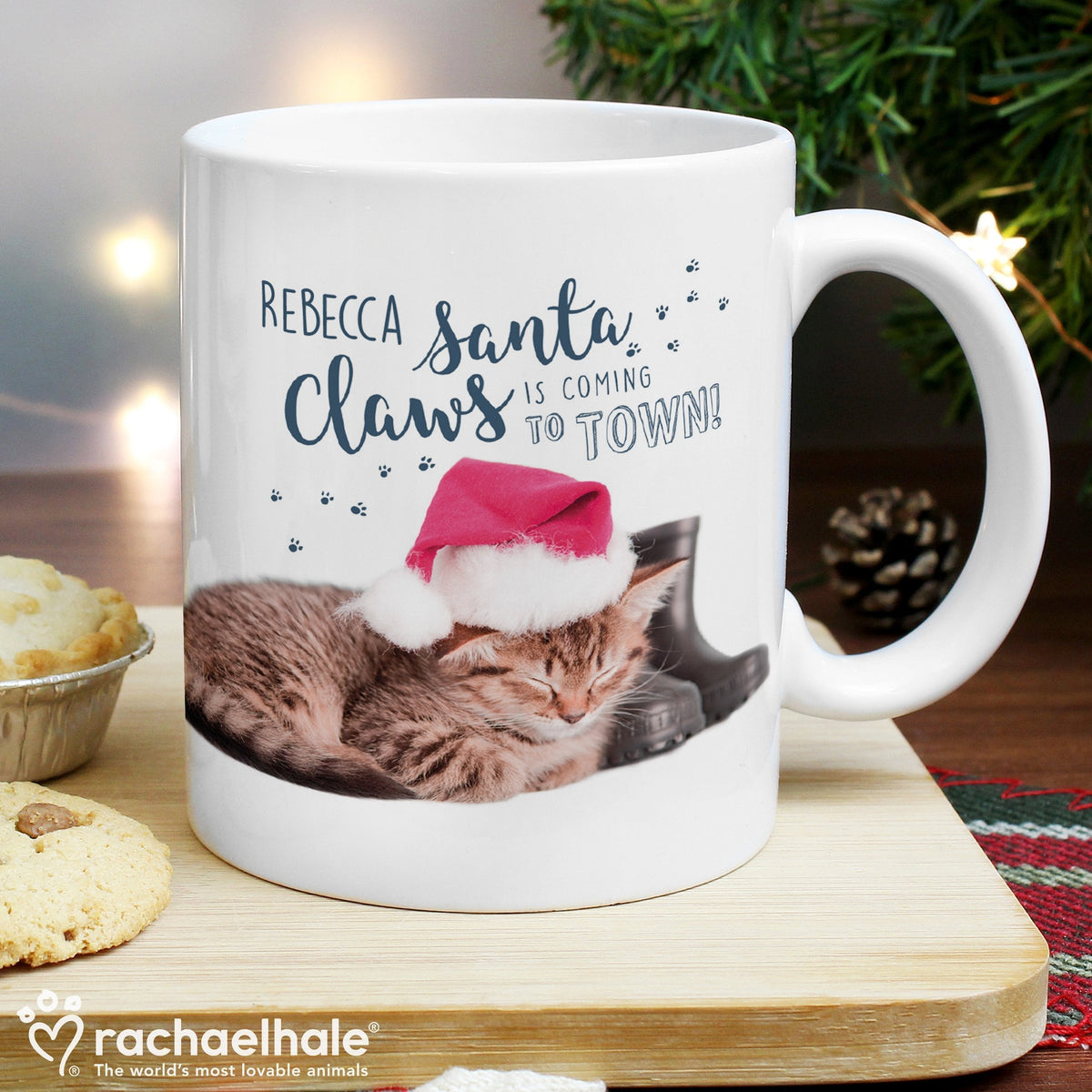 Personalised Rachael Hale Santa Claws Christmas Cat Mug