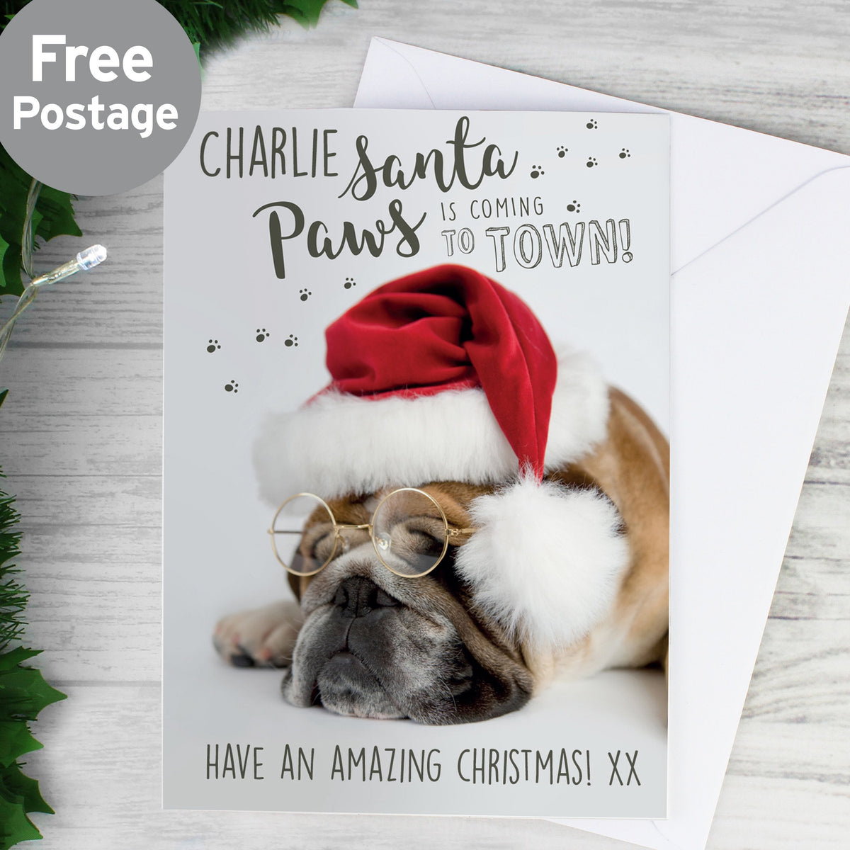 Personalised Rachael Hale Santa Paws Christmas Bulldog Card